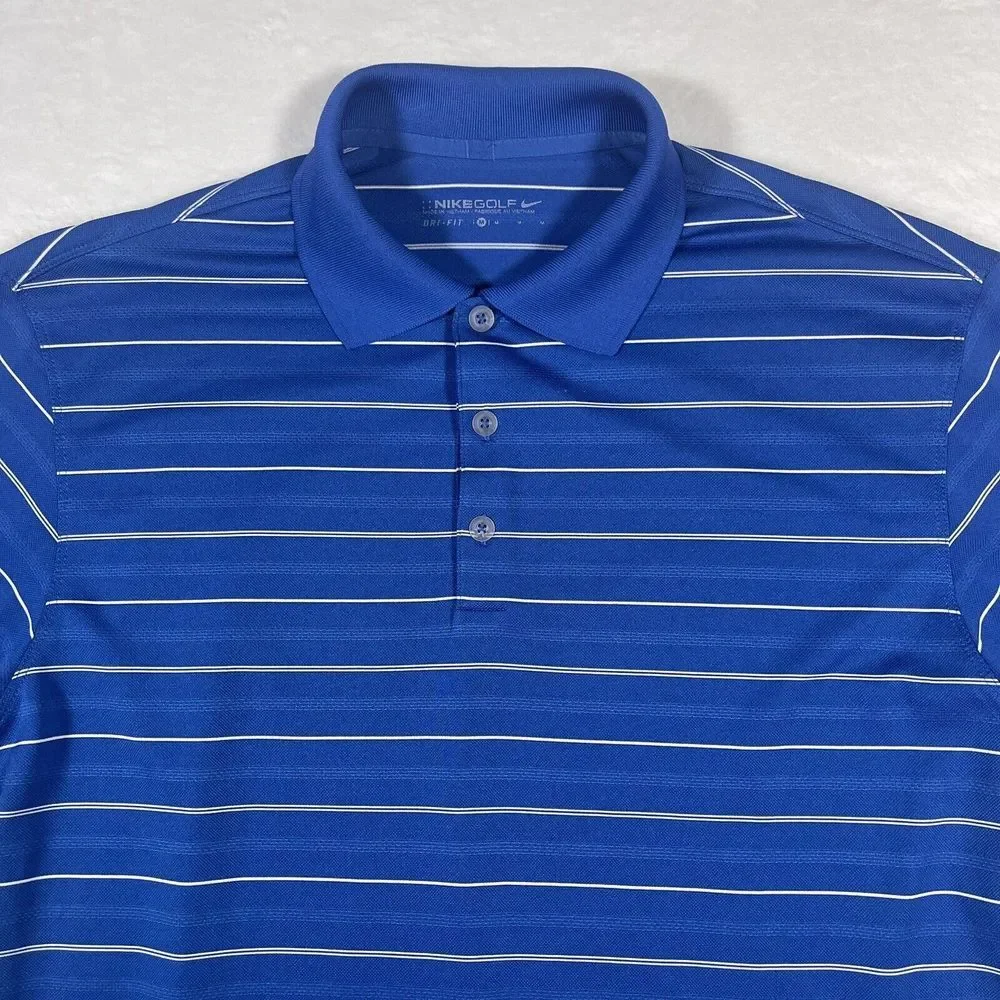 Nike Golf Men's Medium‎ Dri-Fit Tour Performance Blue with White Stripes Polo